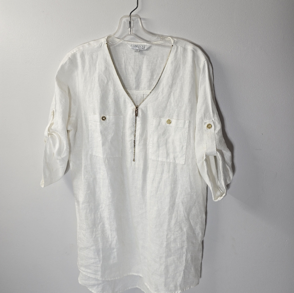Company Ellen Tracy White 100% Linen Shirt 3/4 Sleeve Gold Hardware Size Medium